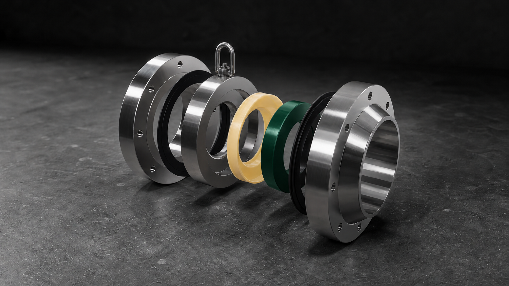 Exploded ModFlowX choke assembly showing the ceramic flow element and surrounding components
