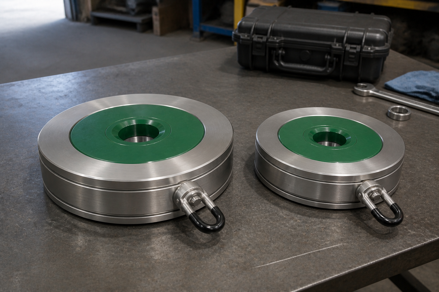 Two sizes of ModFlowX modular inline choke on an inspection bench